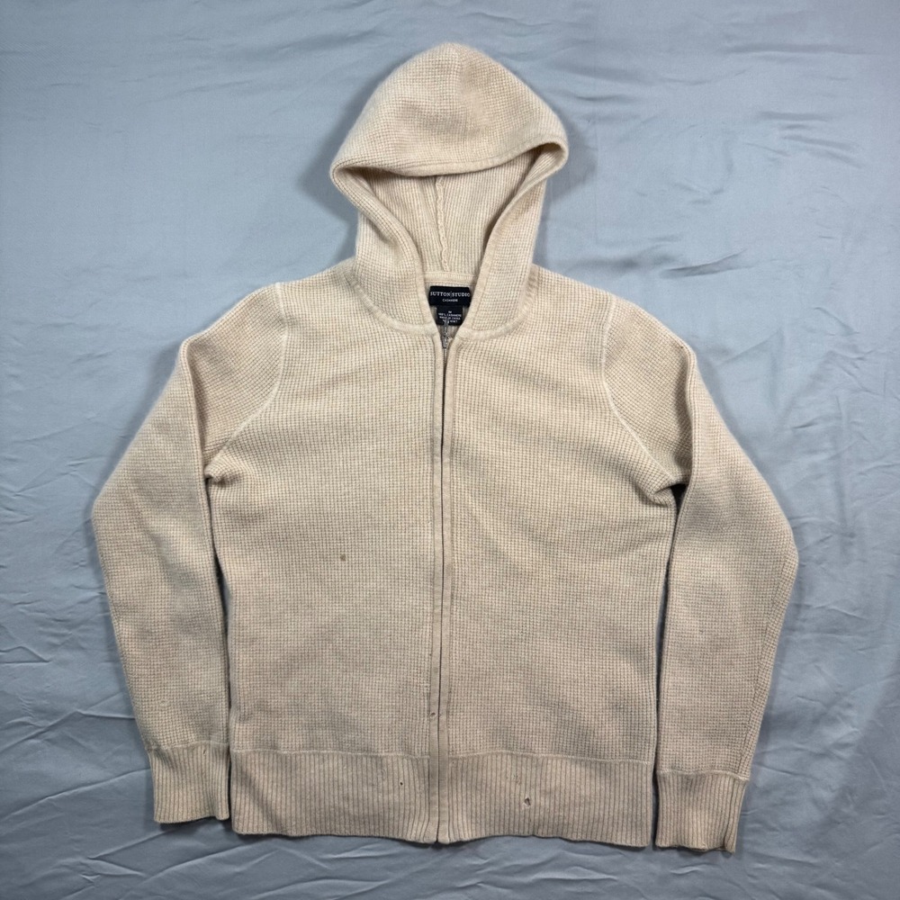 Sutton Studio 100% Cashmere Zip Up Hoodie Waffle Knit Oatmeal Beige Womens M